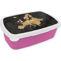MuchoWow Broodtrommel Roze - Lunchbox - Brooddoos - Kaart - Europa - Goud - 18x12x6 cm - Kinderen - Meisje