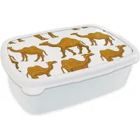 MuchoWow Broodtrommel Wit - Lunchbox - Brooddoos - Kameel - Hout - Patronen - 18x12x6 cm - Volwassenen