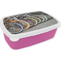 MuchoWow Broodtrommel Roze - Lunchbox - Brooddoos - Meerdere kleurrijke fietsen - 18x12x6 cm - Kinderen - Meisje