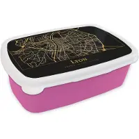 MuchoWow Broodtrommel Roze - Lunchbox - Brooddoos - Kaart - Lyon - Zwart - Goud - 18x12x6 cm - Kinderen - Meisje