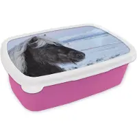 MuchoWow Broodtrommel Roze - Lunchbox - Brooddoos - Paard - Sneeuw - Bruin - 18x12x6 cm - Kinderen - Meisje