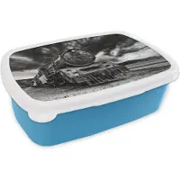 MuchoWow Broodtrommel Blauw - Lunchbox - Brooddoos - Zwart-wit foto van een stoomtrein in het Aziatische Jordanië - 18x12x6 cm - Kinderen - Jongen