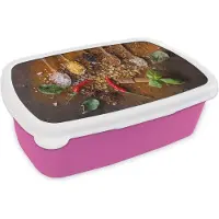 MuchoWow Broodtrommel Roze - Lunchbox - Brooddoos - Lepels - Kruiden - Chilipeper - Specerijen - 18x12x6 cm - Kinderen - Meisje