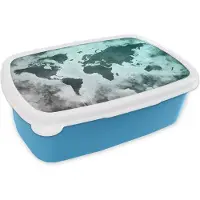 MuchoWow Broodtrommel Blauw - Lunchbox - Brooddoos - Wereldkaart - Grijs - Blauw - 18x12x6 cm - Kinderen - Jongen