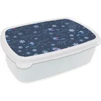 MuchoWow Broodtrommel Wit - Lunchbox - Brooddoos - Vogel - Sneeuwvlok - Winter - Patronen - 18x12x6 cm - Volwassenen