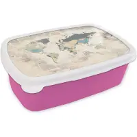 MuchoWow Broodtrommel Roze - Lunchbox - Brooddoos - Wereldkaart - Vintage - Pastel - 18x12x6 cm - Kinderen - Meisje