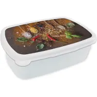 MuchoWow Broodtrommel Wit - Lunchbox - Brooddoos - Lepels - Kruiden - Chilipeper - Specerijen - 18x12x6 cm - Volwassenen