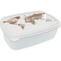 MuchoWow Broodtrommel Wit - Lunchbox - Brooddoos - Wereldkaart - Simpel - Bruin - 18x12x6 cm - Volwassenen