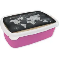 MuchoWow Broodtrommel Roze - Lunchbox - Brooddoos - Wereldkaart - Krijtbord - Quote - 18x12x6 cm - Kinderen - Meisje