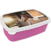 MuchoWow Broodtrommel Roze - Lunchbox - Brooddoos - Paard - Stal - Zon - 18x12x6 cm - Kinderen - Meisje