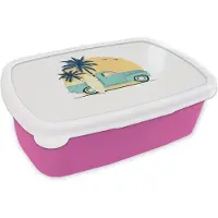 MuchoWow Broodtrommel Roze - Lunchbox - Brooddoos - Auto - Surfen - Palmboom - Tekening - 18x12x6 cm - Kinderen - Meisje