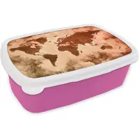MuchoWow Broodtrommel Roze - Lunchbox - Brooddoos - Wereldkaart - Rood - Bruin - 18x12x6 cm - Kinderen - Meisje
