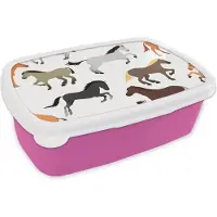 MuchoWow Broodtrommel Roze - Lunchbox - Brooddoos - Paarden - Kleuren - Patroon - Meisjes - Kinderen - Meiden - 18x12x6 cm - Kinderen - Meisje