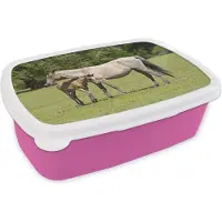 MuchoWow Broodtrommel Roze - Lunchbox - Brooddoos - Paarden - Gras - Schaduw - 18x12x6 cm - Kinderen - Meisje