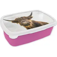 MuchoWow Broodtrommel Roze - Lunchbox - Brooddoos - Schotse hooglander - Haar - Lucht - 18x12x6 cm - Kinderen - Meisje