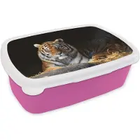 MuchoWow Broodtrommel Roze - Lunchbox - Brooddoos - Tijger - Stro - Schaduw - 18x12x6 cm - Kinderen - Meisje
