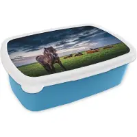 MuchoWow Broodtrommel Blauw - Lunchbox - Brooddoos - Paarden - Wolken - Gras - 18x12x6 cm - Kinderen - Jongen
