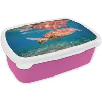 MuchoWow Broodtrommel Roze - Lunchbox - Brooddoos - Schildpad - Zwemmen - Water - Reflectie - 18x12x6 cm - Kinderen - Meisje