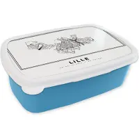 MuchoWow Broodtrommel Blauw - Lunchbox - Brooddoos - Lille – Plattegrond - Zwart Wit – Stadskaart – Kaart - 18x12x6 cm - Kinderen - Jongen