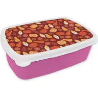 MuchoWow Broodtrommel Roze - Lunchbox - Brooddoos - Pompoen - Maïs - Herfst - Patronen - 18x12x6 cm - Kinderen - Meisje