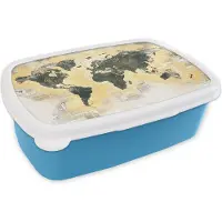 MuchoWow Broodtrommel Blauw - Lunchbox - Brooddoos - Wereldkaart - Goud - Krant - 18x12x6 cm - Kinderen - Jongen