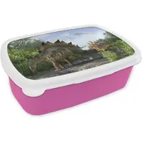 MuchoWow Broodtrommel Roze - Lunchbox - Brooddoos - Dinosaurus - Berg - Bos - Illustratie - Kinderen - Jongens - Kids - Jongetje - 18x12x6 cm - Kinderen - Meisje