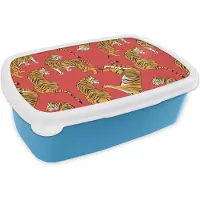 MuchoWow Broodtrommel Blauw - Lunchbox - Brooddoos - Tiger - Jungle - Patronen - 18x12x6 cm - Kinderen - Jongen