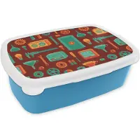 MuchoWow Broodtrommel Blauw - Lunchbox Patroon - Retro - Gereedschap - Brooddoos 18x12x6 cm - Brood lunch box - Broodtrommels voor kinderen en volwassenen