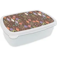 MuchoWow Broodtrommel Wit - Lunchbox - Brooddoos - Bloemen - Vaas - Patronen - 18x12x6 cm - Volwassenen