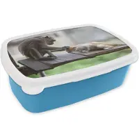 MuchoWow Broodtrommel Blauw - Lunchbox - Brooddoos - Kat - Aap - Hout - 18x12x6 cm - Kinderen - Jongen
