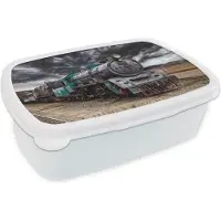 MuchoWow Broodtrommel Wit - Lunchbox - Brooddoos - Trein - Storm - Rails - 18x12x6 cm - Volwassenen