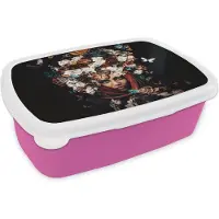 MuchoWow Broodtrommel Roze - Lunchbox - Brooddoos - Bloemen - Vlinder - Vrouwen - Hoofddoek - 18x12x6 cm - Kinderen - Meisje