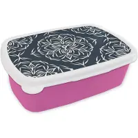 MuchoWow Broodtrommel Roze - Lunchbox - Brooddoos - Patroon - Bloem - Donkerblauw - 18x12x6 cm - Kinderen - Meisje