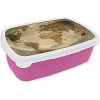 MuchoWow Broodtrommel Roze - Lunchbox - Brooddoos - Wereldkaart - Wereldbol - Vintage - 18x12x6 cm - Kinderen - Meisje