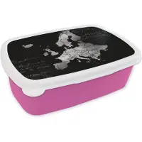 MuchoWow Broodtrommel Roze - Lunchbox - Brooddoos - Europakaart met tekst in schuinschrift - zwart wit - 18x12x6 cm - Kinderen - Meisje