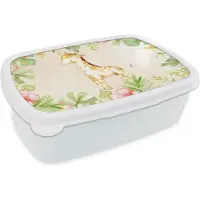 MuchoWow Broodtrommel Wit - Lunchbox - Brooddoos - Giraffe - Aquarelverf - Bloemen - Jungle - 18x12x6 cm - Volwassenen