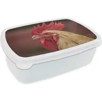 MuchoWow Broodtrommel Wit - Lunchbox - Brooddoos - Dieren - Haan - Rood - 18x12x6 cm - Volwassenen
