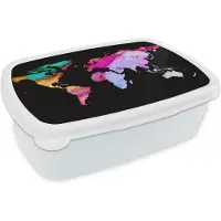MuchoWow Broodtrommel Wit - Lunchbox - Brooddoos - Wereldkaart - Waterverf - Regenboog - 18x12x6 cm - Volwassenen