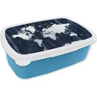 MuchoWow Broodtrommel Blauw - Lunchbox - Brooddoos - Wereldkaart - Wit - Blauw - 18x12x6 cm - Kinderen - Jongen
