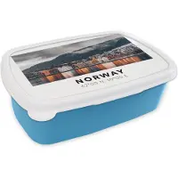MuchoWow Broodtrommel Blauw - Lunchbox - Brooddoos - Noorwegen - Huizen - Meer - 18x12x6 cm - Kinderen - Jongen