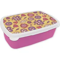 MuchoWow Broodtrommel Roze - Lunchbox Patroon - Bloemen - Paars - Oranje - Brooddoos 18x12x6 cm - Brood lunch box - Broodtrommels voor kinderen en volwassenen