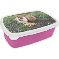 MuchoWow Broodtrommel Roze - Lunchbox - Brooddoos - Twee konijnen met voedsel - 18x12x6 cm - Kinderen - Meisje