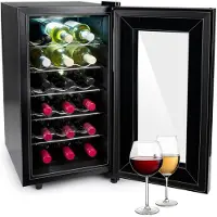 Sonstiges Wijnkoelkast 50L – Wijnklimaatkast Vrijstaand voor 18 Flessen – Wijnkoeler zonder Compressor – Wijnkoelkast met Glazen Deur en LED Verlichting – 66 x 34,5 x 49cm – Zwart