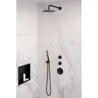 Brauer Black Edition thermostatische inbouw regendouche SET 03 met 20 cm douchekop en gebogen muurarm en staaf handdouche en doucheslang en wandaansluitbocht mat zwart