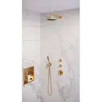 Brauer Gold Edition thermostatische inbouw regendouche SET 01 met 20 cm douchekop en rechte muurarm en staaf handdouche en doucheslang en wandaansluitbocht goud geborsteld PVD