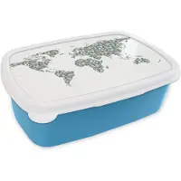 MuchoWow Broodtrommel Blauw - Lunchbox - Brooddoos - Wereldkaart - Tropische Planten - Wit - 18x12x6 cm - Kinderen - Jongen