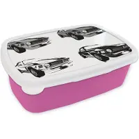 MuchoWow Broodtrommel Roze - Lunchbox - Brooddoos - Vier illustraties van muscle auto's in verschillende kleuren - zwart wit - 18x12x6 cm - Kinderen - Meisje