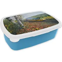 MuchoWow Broodtrommel Blauw - Lunchbox - Brooddoos - Een gele stoomtrein in een groen landschap - 18x12x6 cm - Kinderen - Jongen