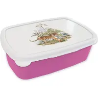 MuchoWow Broodtrommel Roze - Lunchbox - Brooddoos - Tijger - Schlderij - Bos - 18x12x6 cm - Kinderen - Meisje