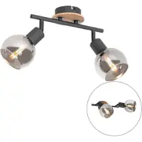 QAZQA Plafondlamp zwart met smoke glas en hout 2-lichts - Vidro